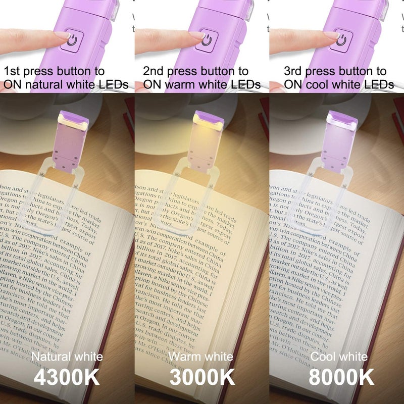 HONWELL Rechargeable Book Light, Clip On LED Reading Lights for Kids Reading in Bed, 3 Brightness Levels Dimmable Bookmark Light for Eye-Protection, Portable Reading Lamp for Bookworms, Travel(Violet) - Image 4